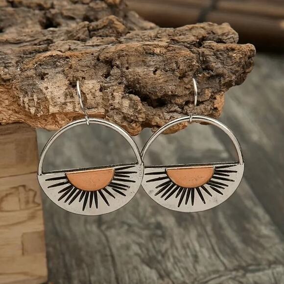 Bohemian Semicircle Shape Sun Pattern Dangle Earrings| Unique Boho Gift - Picture 1 of 5